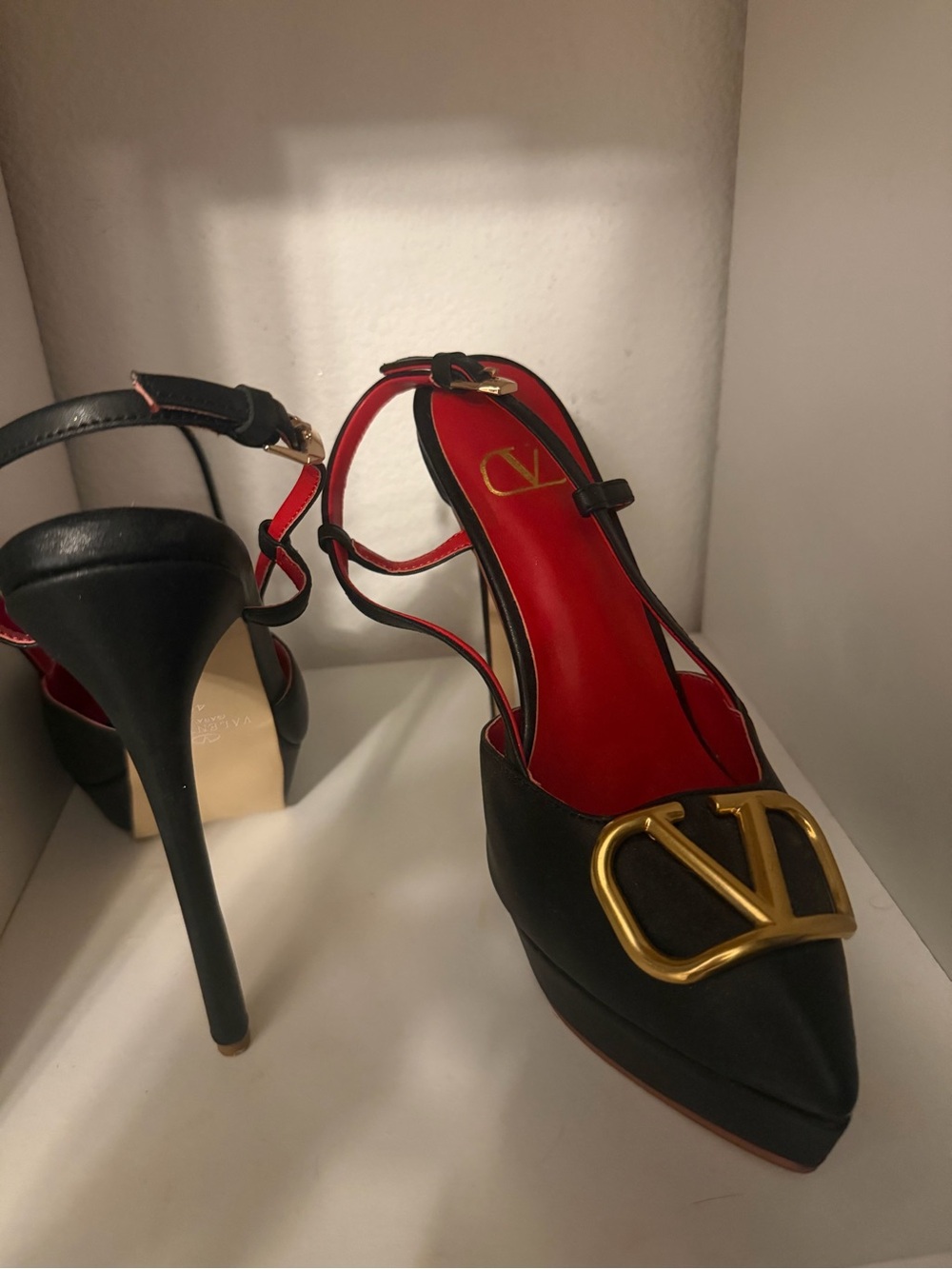 Valentino Black and Red V-Logo Pointed Slingback Pumps